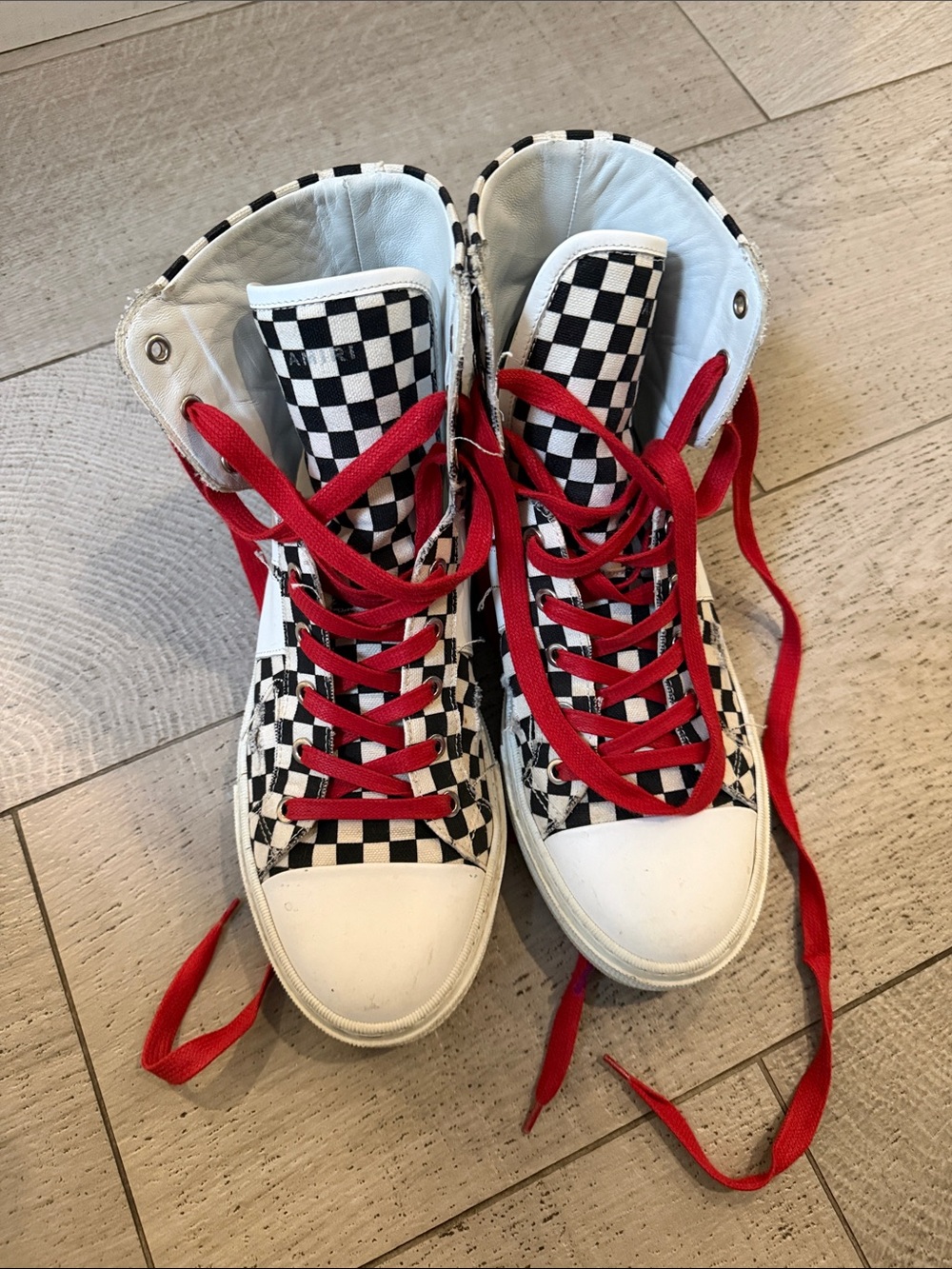 AMIRI Kids High-Top Checkerboard Sneakers with Red Laces